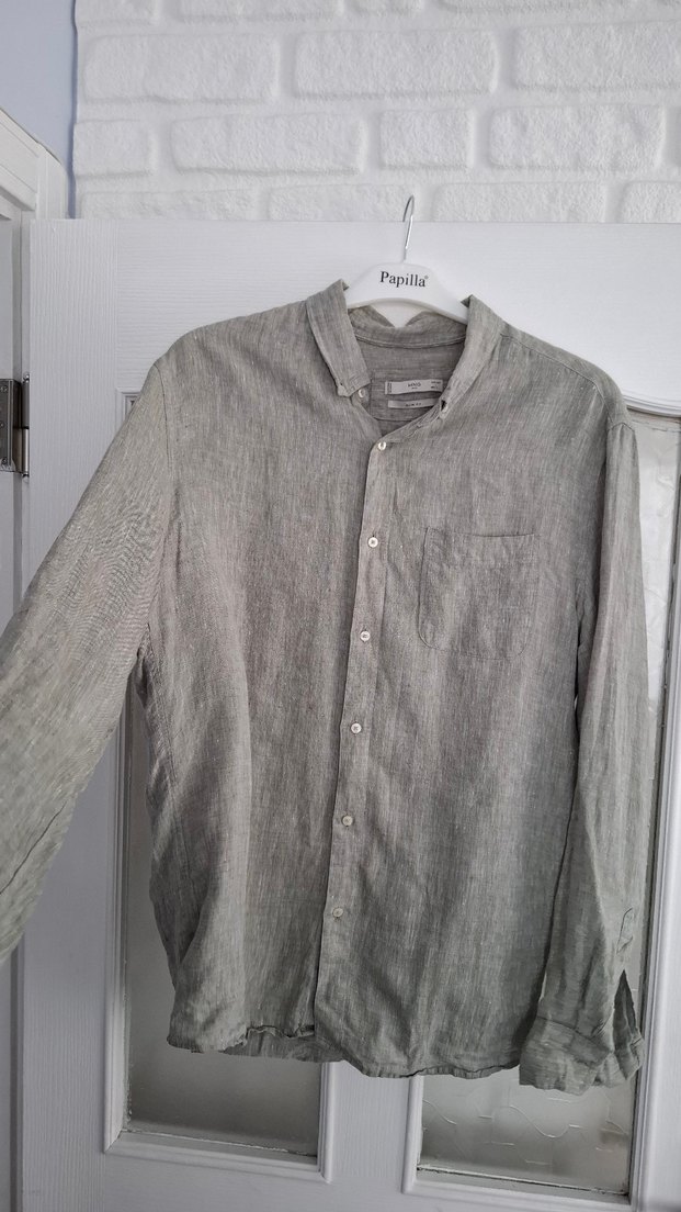 Yeşil Keten Uzun Kollu Erkek Gömlek - Görsel 2