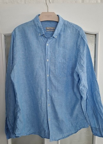 Düğmeli Mavi %100 Keten Erkek Gömlek - Görsel 2