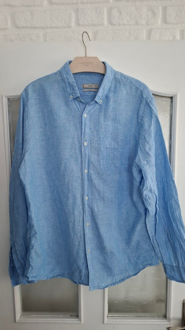 Düğmeli Mavi %100 Keten Erkek Gömlek - Görsel 2