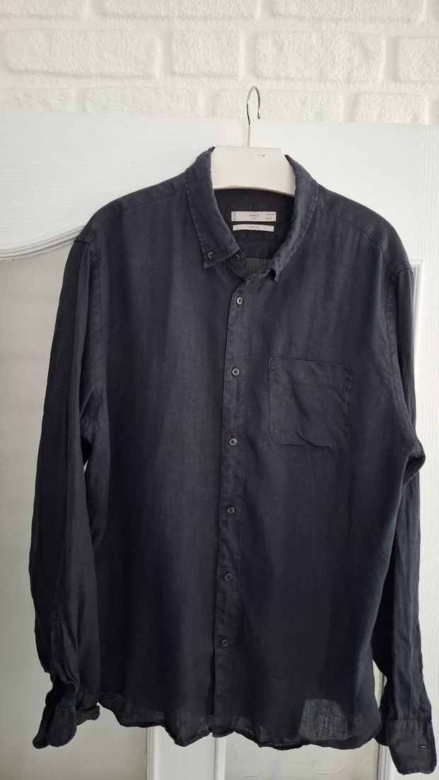 Siyah %100 Keten Erkek Gömlek Uzun Kollu - Görsel 5