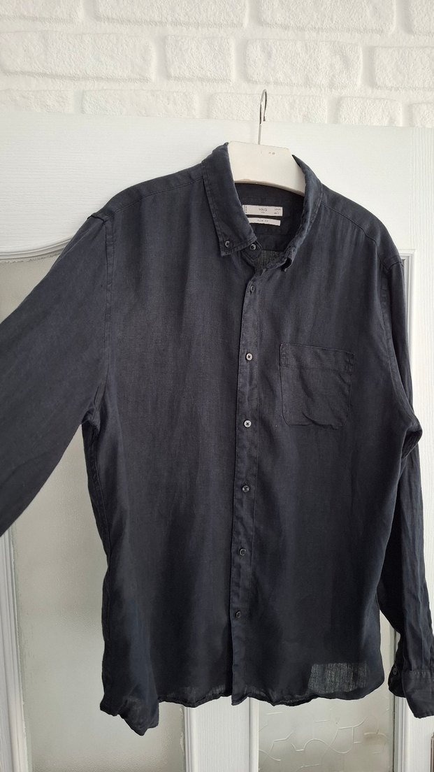 Siyah %100 Keten Erkek Gömlek Uzun Kollu - Görsel 4