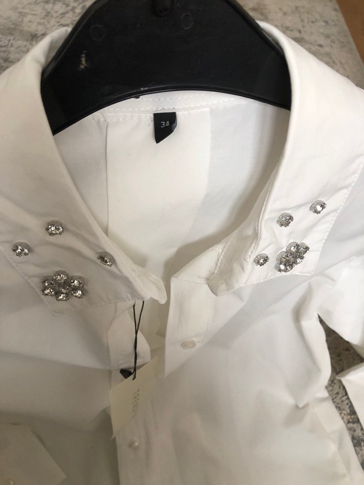 Düğmeli Beyaz Pamuklu taşlı Kadın Gömlek - Görsel 3