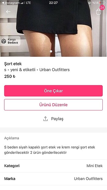 Urban Outfitters Siyah şort etek