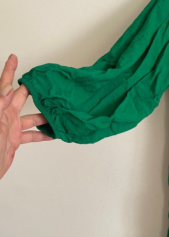 Yeşil V Yaka Uzun Keten Elbise - Görsel 5