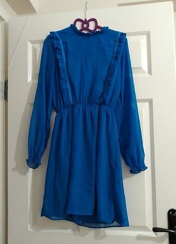 Mavi Şık Şifon Detaylı Elbise 
