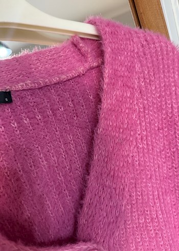 Pembe V Yaka Örgü Kadın Hırka - Görsel 2