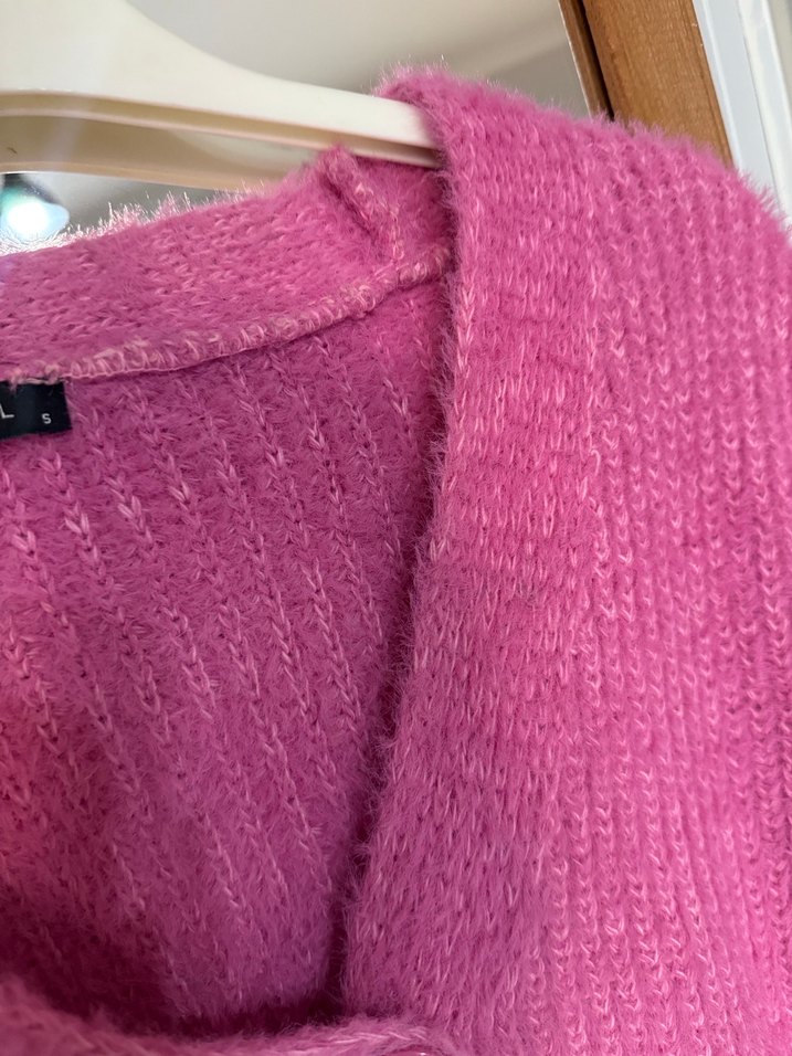 Pembe V Yaka Örgü Kadın Hırka - Görsel 2