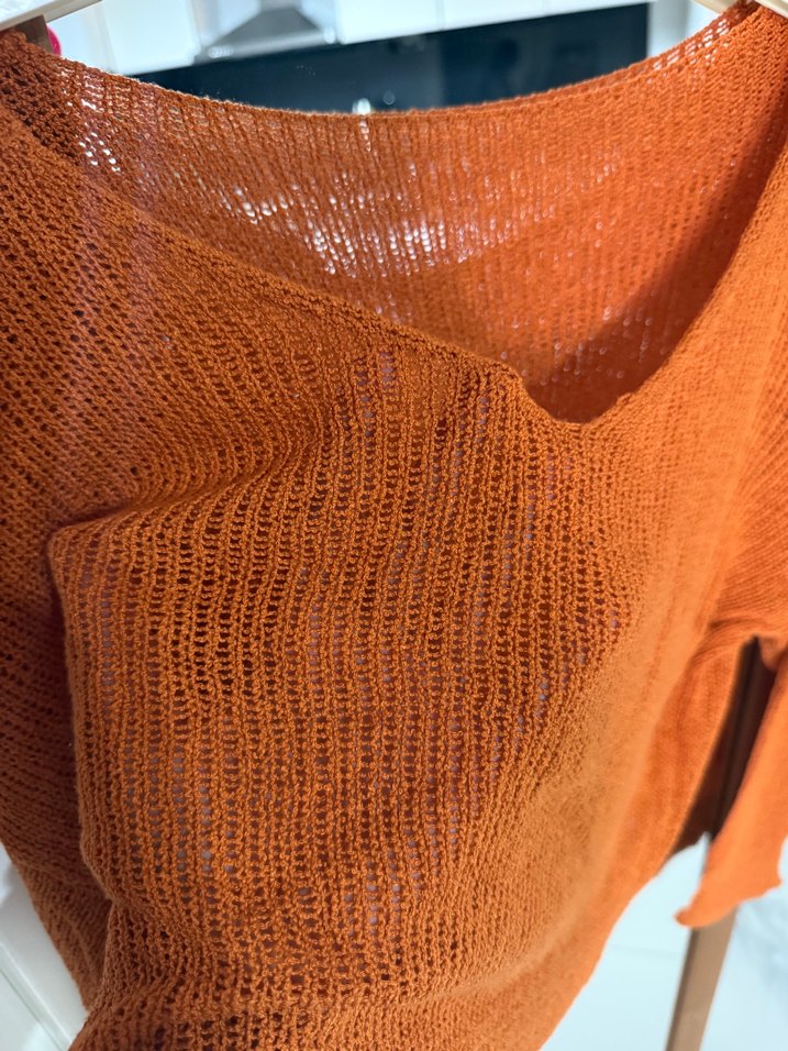 Bohem Tarzı V Yaka Örgü kiremit Kazak - Görsel 2