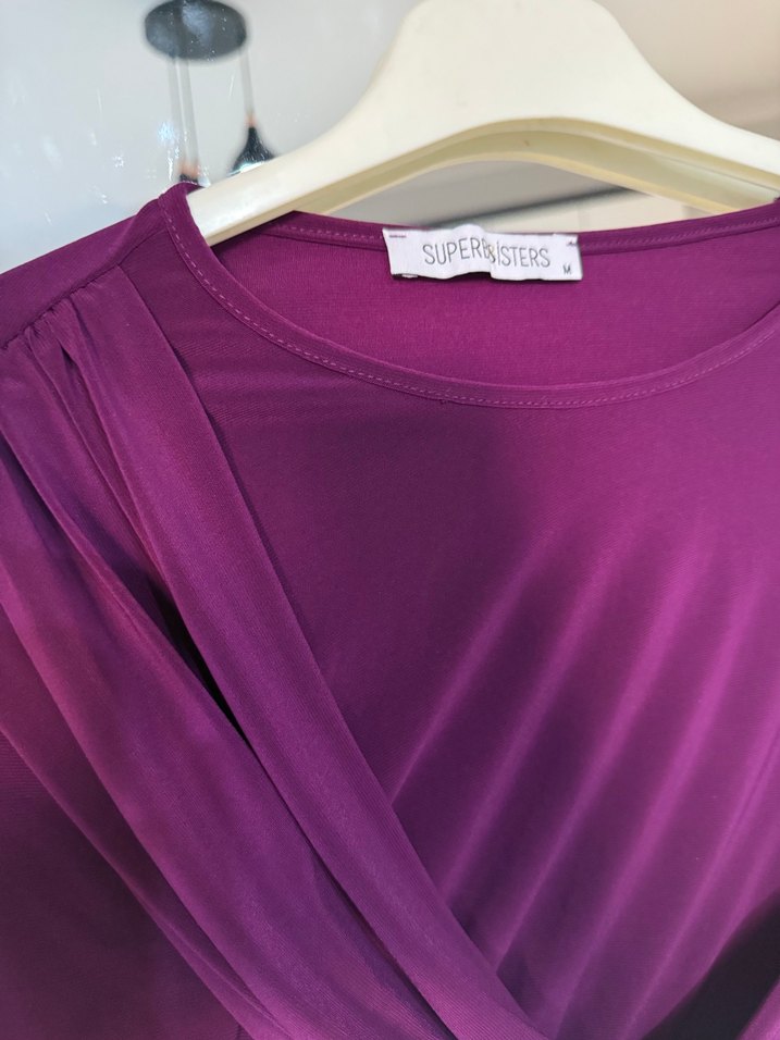 Mürdüm Drapeli Uzun Kollu Kısa Bluz - Görsel 2