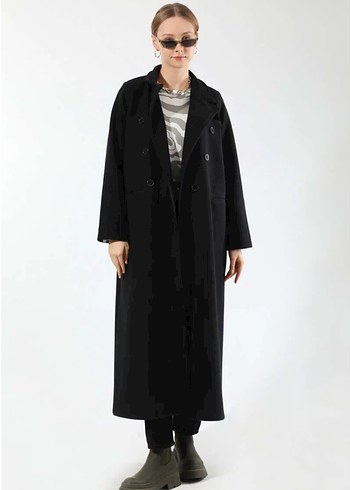 Uzun Siyah Çift Düğmeli Tam Boy Kaban - Görsel 6