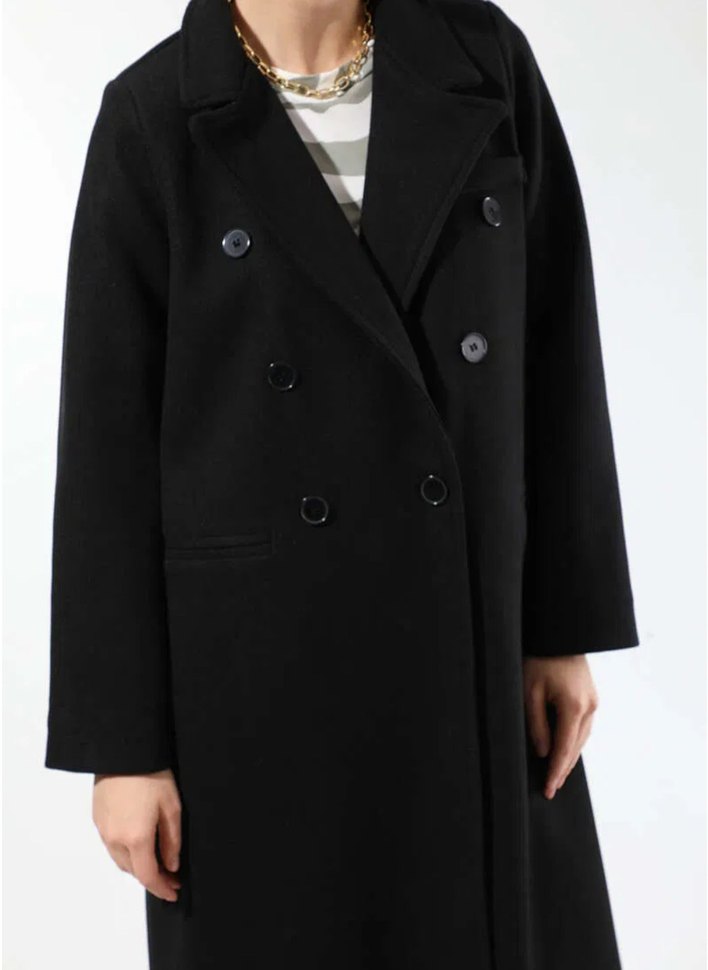 Uzun Siyah Çift Düğmeli Tam Boy Kaban - Görsel 4