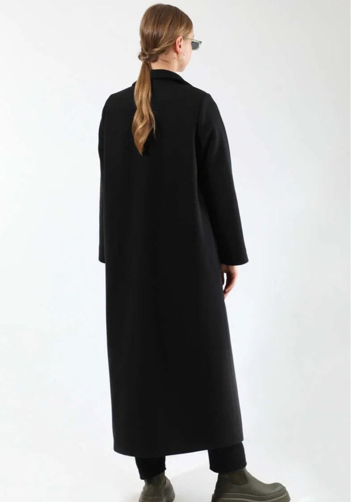 Uzun Siyah Çift Düğmeli Tam Boy Kaban - Görsel 5