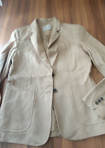 Bej Düğmeli Kadın Keten Blazer Ceket