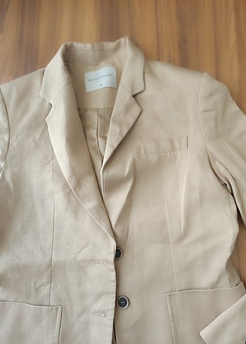 Mudo Bej Düğmeli Kadın Keten Blazer Ceket