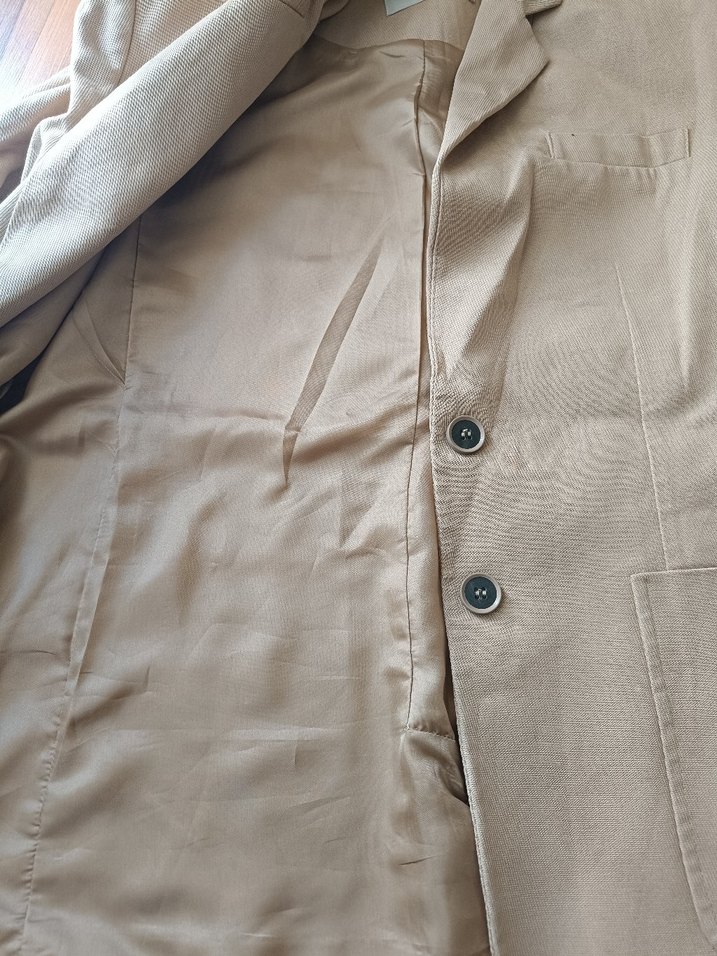 Bej Düğmeli Kadın Keten Blazer Ceket - Görsel 4