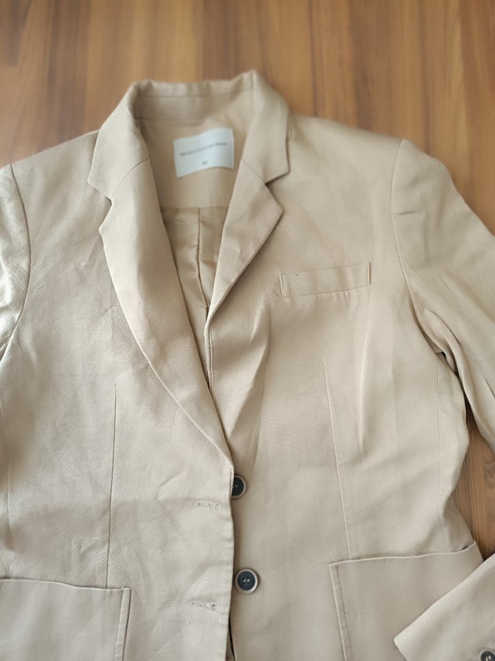 Bej Düğmeli Kadın Keten Blazer Ceket - Görsel 2