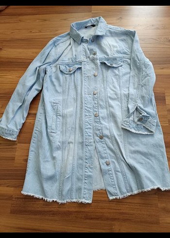 Düğmeli Uzun Mavi Denim Ceket