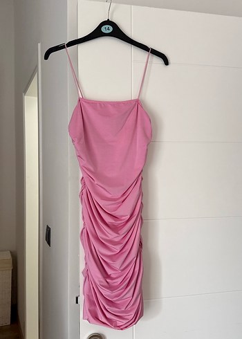 Pembe Drapeli Askılı Mini Elbise