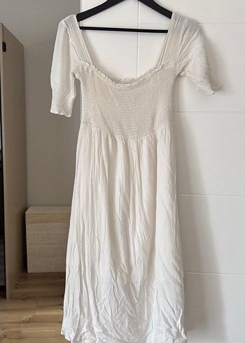 LC Waikiki Beyaz Bohem Midi Keten Elbise