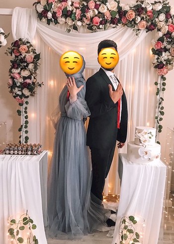 36 Beden Uzun Kollu Gri-lilamsı Yüksek Yakalı Abiye