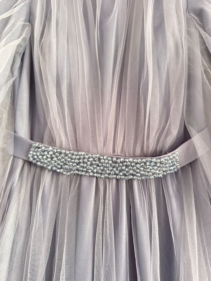 Uzun Kollu Gri-lilamsı  Yüksek Yakalı Abiye - Görsel 3