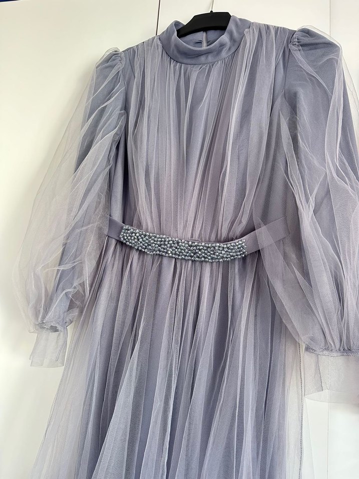 Uzun Kollu Gri-lilamsı  Yüksek Yakalı Abiye - Görsel 4