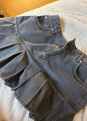Gri Denim Pilili Midi Mini Etek - Görsel 2