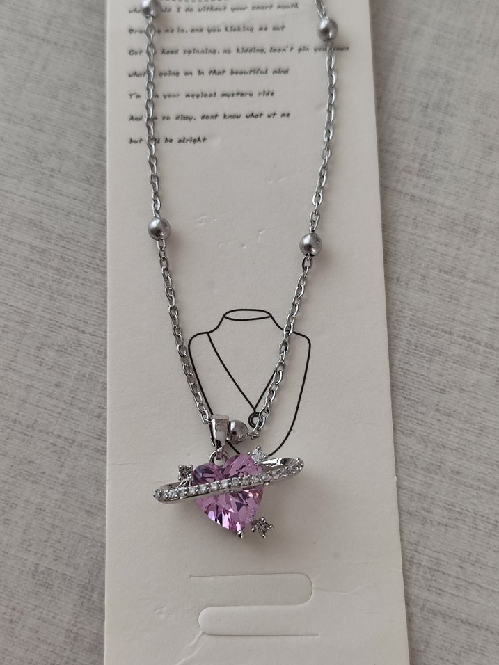 Çelik Pembe Kalp Detaylı Zincir Kolye - Görsel 2