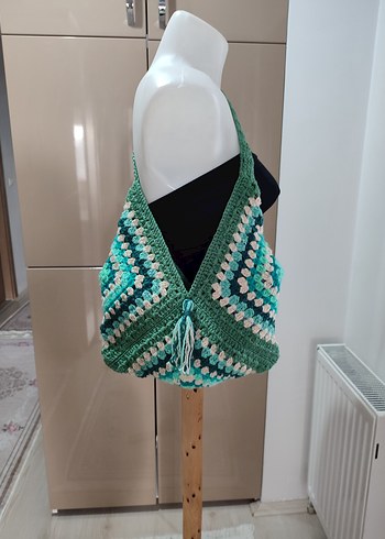 Turkuaz Bağlamalı Örgü Bohem Kadın Çanta