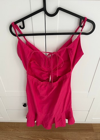 Pembe Fırfırlı Keten Mini elbise - Görsel 2