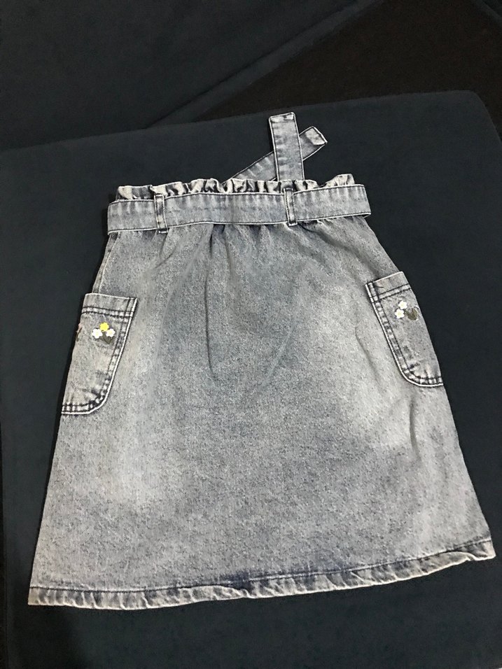 Çiçek Nakışlı Gri Denim Midi Etek - Görsel 2