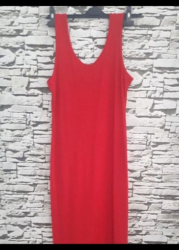 Kırmızı V Yakalı Uzun İnce fitili likrali Elbise - Görsel 2