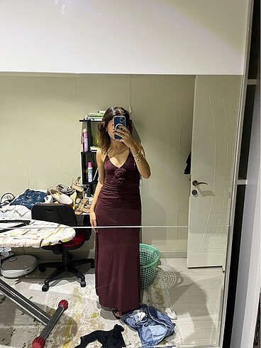 s Beden kahverengi Renk gül detayli zara elbise