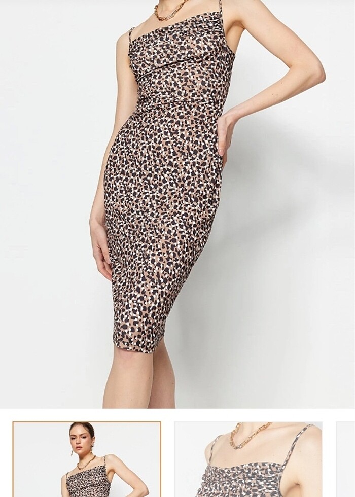 Leopar Desenli Degaje Yaka Elbise - Görsel 2