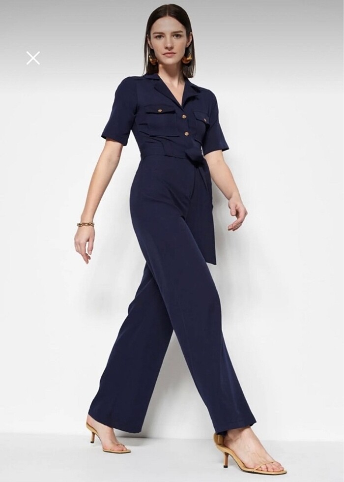 Lacivert Kuşaklı Gömlek Yakalı Tulum - Görsel 2