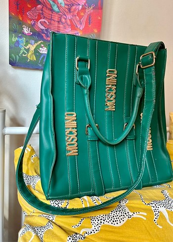 Yeşil Deri Moschino Fermuarlı Çanta - Görsel 4