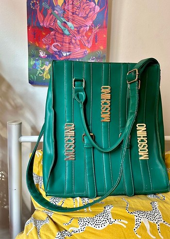 Yeşil Deri Moschino Fermuarlı Çanta - Görsel 2