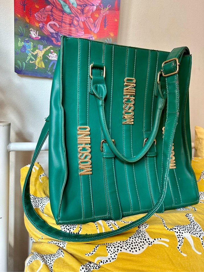Yeşil Deri Moschino Fermuarlı Çanta - Görsel 4