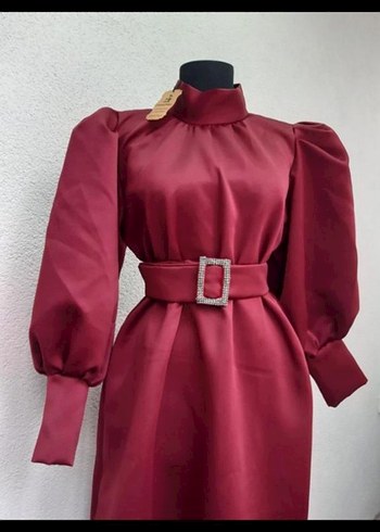 Bordo Uzun Kol Detaylı Kemerli Elbise - Görsel 2