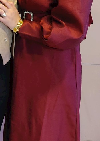 Bordo Uzun Kol Detaylı Kemerli Elbise - Görsel 4