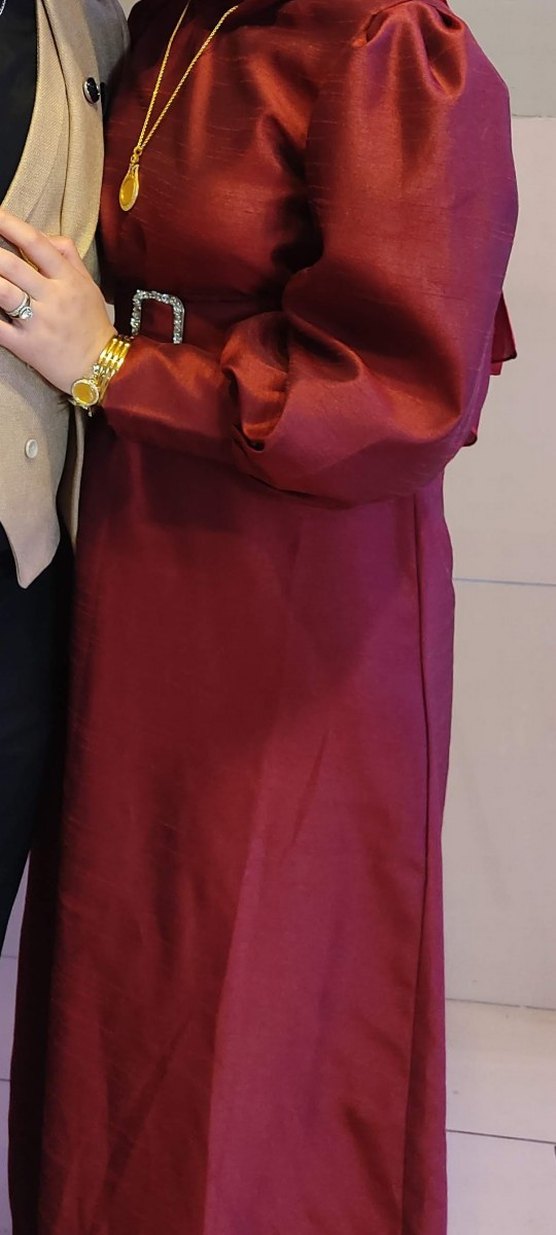 Bordo Uzun Kol Detaylı Kemerli Elbise - Görsel 4