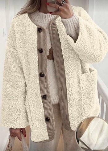 Düğmeli Beyaz Kadın Peluş Ceket - Görsel 3