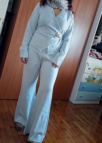 Mavi Düğmeli Triko Kadın Takım - Görsel 8