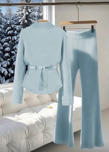 Mavi Düğmeli Triko Kadın Takım - Görsel 2