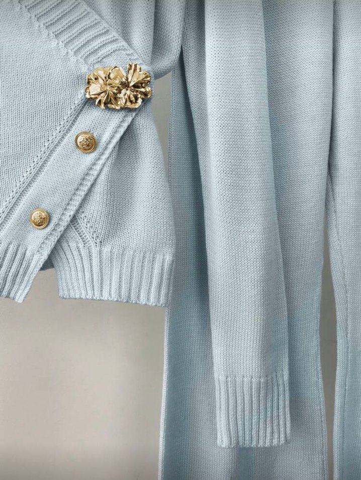 Mavi Düğmeli Triko Kadın Takım - Görsel 3