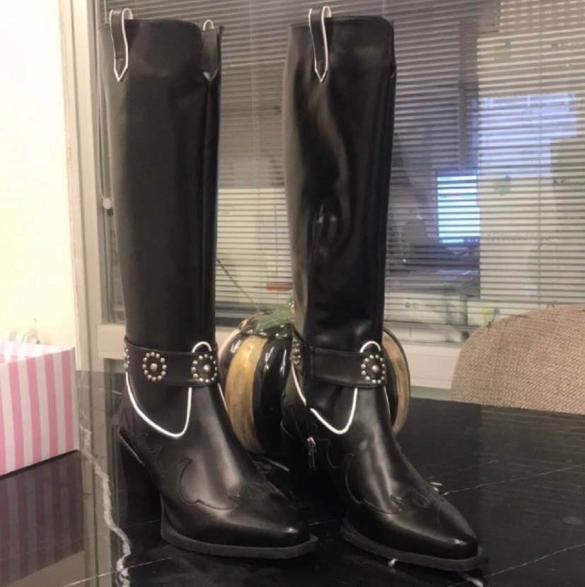 Siyah Nakışlı Kadın Deri Dizüstü Çizmeler - Görsel 4