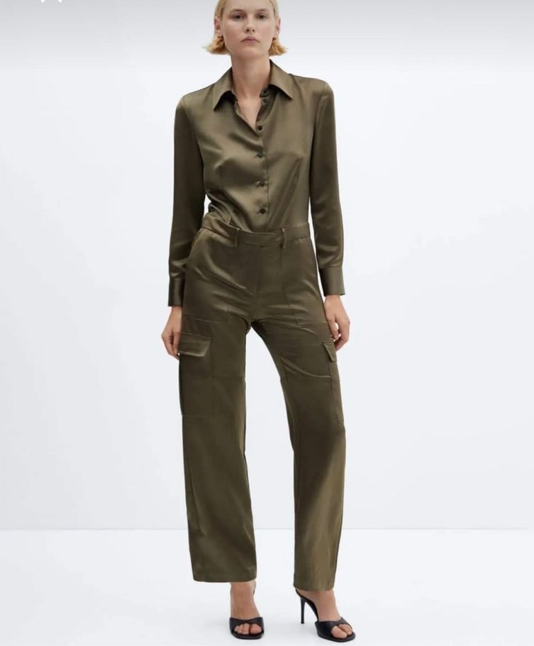 Kadın Haki Saten Düğmeli Gömlek - Görsel 4