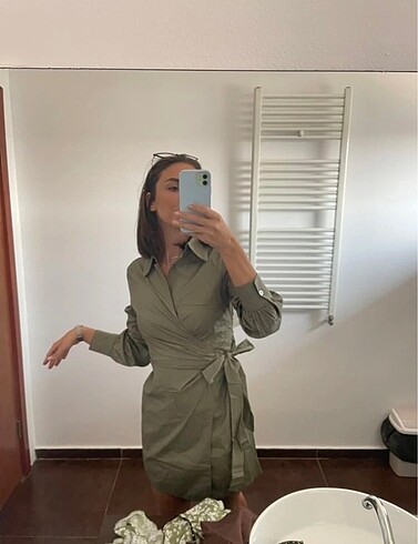 l Beden haki Renk Zara muadili belden bağlamalı elbise