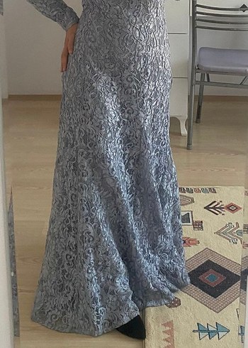 Pınar Şems Uzun Kollu Gri Dantel Vintage Abiye Elbise