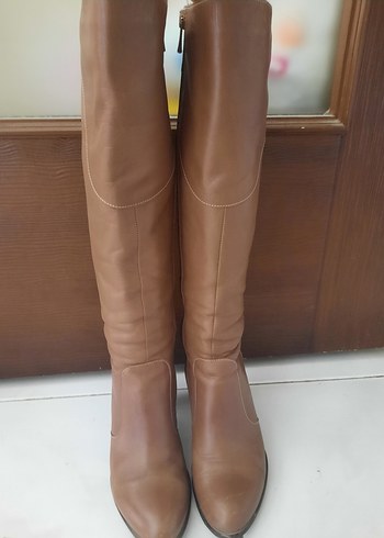Bej Deri Stiletto Topuklu Dizüstü Kadın Çizme